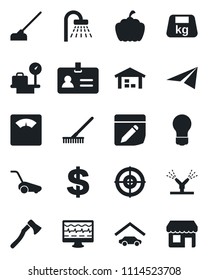 Set of vector isolated black icon - identity vector, shower, luggage scales, dollar sign, bulb, rake, lawn mower, hoe, axe, pumpkin, monitor pulse, heavy, notes, target, garage, warehouse