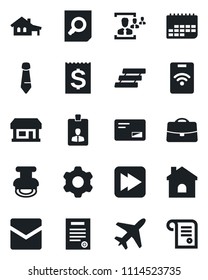 Set of vector isolated black icon - plane vector, identity card, document search, tie, house, store, term, receipt, mail, fast forward, settings, case, hr, paper tray, contract, stamp, with garage