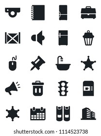 Set of vector isolated black icon - coffee machine vector, book, mouse, calendar, traffic light, container, speaker, case, copybook, drawing pin, bathroom, fridge, web camera, outdoor lamp, police