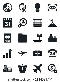Set of vector isolated black icon - plane vector, automatic door, passport, globe, growth statistic, bulb, circle chart, 24 hours, heavy scales, alarm, folder, calendar, office phone, manager desk