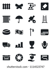Set of vector isolated black icon - ladder vector, butterfly, garden light, pills, heart hand, satellite, car delivery, term, fragile, umbrella, microphone, mobile camera, notes, bar graph, hr, cash