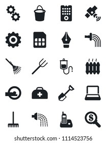 Set of vector isolated black icon - gear vector, shovel, farm fork, rake, bucket, watering, doctor case, dropper, tomography, satellite, radio phone, sim, ink pen, notebook pc, heater, money search