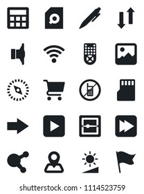 Set of vector isolated black icon - no mobile vector, right arrow, pen, navigation, speaker, remote control, share, play button, fast forward, gallery, calculator, scanner, sd, data exchange, cart