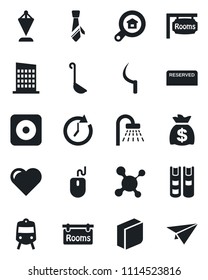 Set of vector isolated black icon - train vector, shower, pennant, mouse, money bag, sickle, heart, molecule, rec button, blank box, tie, book, rooms, estate search, city house, reserved, ladle