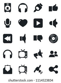 Set of vector isolated black icon - tv vector, vinyl, satellite, speaker, loudspeaker, microphone, headphones, group, finger up, down, heart, mail, play button, rewind, hdmi, social media