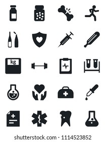 Set of vector isolated black icon - doctor case vector, diagnosis, syringe, blood test vial, dropper, thermometer, scales, pills bottle, ampoule, ambulance star, barbell, run, heart shield, hand