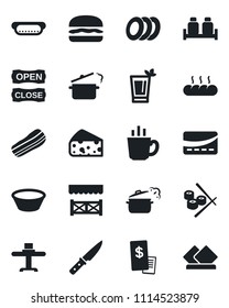 Set of vector isolated black icon - restaurant table vector, phyto bar, coffee, plates, bacon, salt and pepper, bread, open close, alcove, credit card, receipt, hamburger, hot dog, bowl, knife