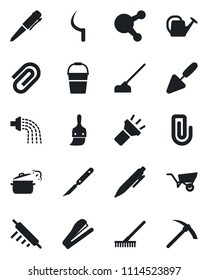 Set of vector isolated black icon - pen vector, trowel, rake, watering can, wheelbarrow, bucket, hoe, sickle, scalpel, share, themes, torch, paper clip, stapler, rolling pin, steaming pan, hard work