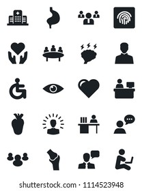 Set of vector isolated black icon - team vector, brainstorm, meeting, manager place, heart, disabled, hand, stomach, real, eye, joint, hospital, speaker, group, user, fingerprint id, desk