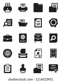 Set of vector isolated black icon - passport vector, document search, reload, stamp, folder, clipboard, case, printer, paper tray, archive box, estate, certificate
