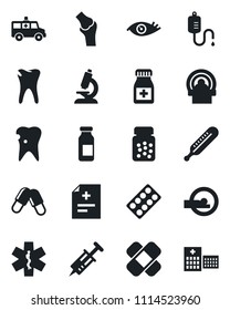 Set of vector isolated black icon - diagnosis vector, syringe, dropper, thermometer, microscope, pills, bottle, blister, ampoule, patch, tomography, ambulance star, car, caries, eye, joint, hospital