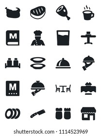 Set of vector isolated black icon - cafe vector, coffee, cook, dish, restaurant table, menu, drink, plates, waiter, salt and pepper, chicken, steak, ham, knife, storefront