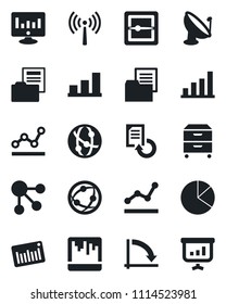 Set of vector isolated black icon - antenna vector, crisis graph, statistic monitor, document reload, folder, barcode, satellite, network, scanner, bar, pie, point, archive box, social media