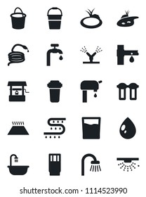 Set of vector isolated black icon - bucket vector, water drop, well, hose, pond, drip irrigation, supply, bathroom, drink, filter, warm floor, sprinkler