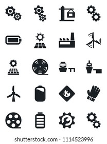 Set of vector isolated black icon - glove vector, sea port, flammable, reel, battery, root setup, sun panel, windmill, crane, factory, gear