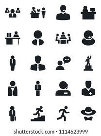 Set of vector isolated black icon - passport control vector, manager, pedestal, team, place, run, doctor, support, client, speaker, desk, meeting, career ladder, estate agent, waiter, dress code