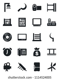 Set of vector isolated black icon - abacus vector, money bag, sickle, film frame, vinyl, tv, video camera, alarm, office phone, rolling pin, outdoor lamp, fridge, windmill