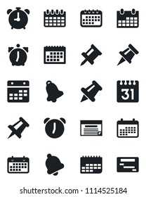 Set of vector isolated black icon - alarm clock vector, drawing pin, calendar, term, paper, bell, schedule