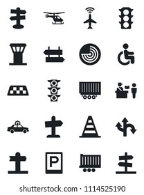 Set of vector isolated black icon - airport tower vector, plane radar, taxi, parking, passport control, signpost, alarm car, border cone, helicopter, disabled, route, traffic light, truck trailer