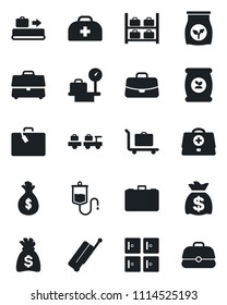 Set of vector isolated black icon - suitcase vector, baggage conveyor, trolley, larry, luggage storage, scales, checkroom, case, money bag, fertilizer, doctor, dropper