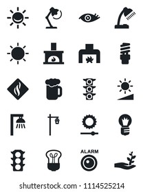 Set of vector isolated black icon - bulb vector, sun, garden light, eye, traffic, brightness, desk lamp, fireplace, beer, smoke detector, energy saving, outdoor, alarm led, palm sproute