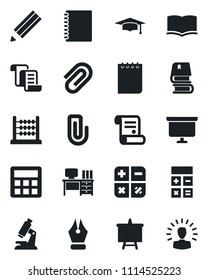 Set of vector isolated black icon - contract vector, book, calculator, graduate, desk, notepad, presentation board, microscope, copybook, paper clip, abacus, ink pen, pencil, shining head
