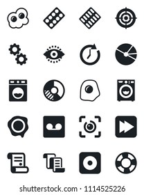 Set of vector isolated black icon - contract vector, circle chart, stamp, pills blister, fast forward, rec button, record, eye id, pie graph, target, washer, omelette, gear, clock, crisis management