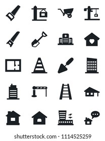 Set of vector isolated black icon - barrier vector, border cone, airport building, trowel, shovel, ladder, wheelbarrow, saw, house, hospital, with garage, plan, sweet home, city, crane, message