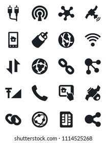 Set of vector isolated black icon - satellite vector, network, share, chain, rca, call, sim, data exchange, cellular signal, wireless, home control app, social media