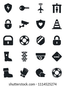 Set of vector isolated black icon - plane radar vector, security gate, smoking place, border cone, lock, glove, boot, heart shield, traffic light, protect, key, home, surveillance, crisis management