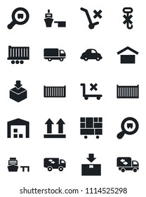 Set of vector isolated black icon - truck trailer vector, cargo container, car delivery, sea port, consolidated, warehouse storage, up side sign, no trolley, hook, package, search, moving