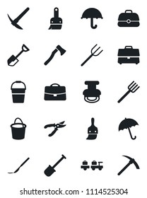 Set of vector isolated black icon - umbrella vector, baggage larry, shovel, farm fork, bucket, pruner, axe, scalpel, themes, case, stamp, hard work