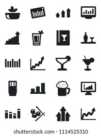 Set of vector isolated black icon - growth statistic vector, barcode, equalizer, monitor statistics, bar graph, alcohol, wine card, drink, cocktail, phyto, beer, salad, sushi, arrow up