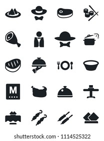 Set of vector isolated black icon - waiter vector, dish, restaurant table, serviette, cafe, menu, dress code, chicken, steak, kebab, ham, bowl, steaming pan, sushi