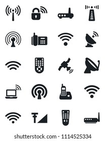 Set of vector isolated black icon - antenna vector, satellite, wireless notebook, office phone, remote control, radio, cellular signal, lock, router