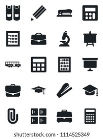 Set of vector isolated black icon - airport bus vector, checkroom, book, graduate, abacus, presentation board, microscope, calculator, case, paper clip, pencil, stapler