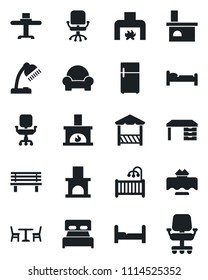 Set of vector isolated black icon - cafe vector, bed, office chair, desk, bench, fireplace, lamp, bedroom, children room, cushioned furniture, restaurant table, alcove, fridge
