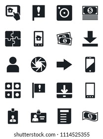 Set of vector isolated black icon - right arrow vector, identity card, document, important flag, cash, cell phone, mobile, camera, user, download, application, home control app