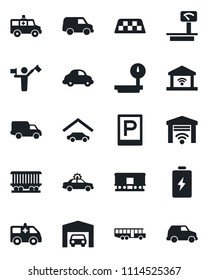 Set of vector isolated black icon - dispatcher vector, taxi, airport bus, parking, alarm car, ambulance, railroad, delivery, heavy scales, garage, gate control, battery