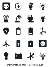 Set of vector isolated black icon - bulb vector, battery, low, protect, charge, desk lamp, windmill, socket, power plug, energy saving, idea