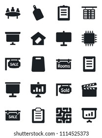 Set of vector isolated black icon - flight table vector, presentation board, meeting, clipboard, clapboard, sale, rooms, sold signboard, smart home, cutting, chip