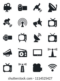 Set of vector isolated black icon - antenna vector, satellite, radio, loudspeaker, tv, video camera, wireless