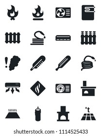 Set of vector isolated black icon - fire vector, hose, fireplace, thermometer, air conditioner, candle, water heater, smoke detector, radiator, warm floor