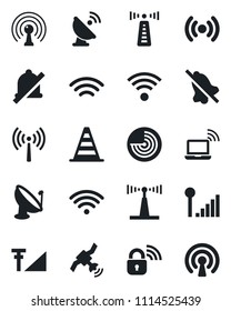 Set of vector isolated black icon - antenna vector, wireless notebook, border cone, radar, satellite, mute, cellular signal, lock