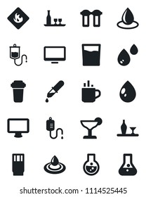 Set of vector isolated black icon - hot cup vector, water drop, dropper, flammable, monitor, alcohol, drink, cocktail, filter, flask