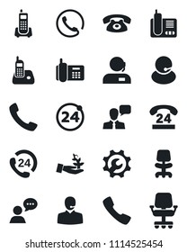 Set of vector isolated black icon - 24 around vector, office chair, phone, hours, support, speaker, radio, call, root setup, palm sproute