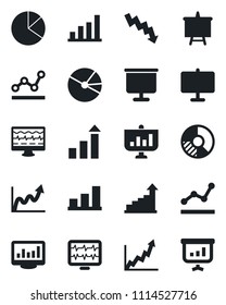 Set of vector isolated black icon - growth statistic vector, presentation board, crisis graph, circle chart, monitor pulse, statistics, bar, pie, point