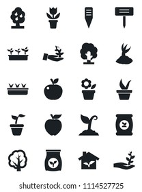 Set of vector isolated black icon - flower in pot vector, seedling, tree, sproute, plant label, fertilizer, fruit, apple, eco house, palm