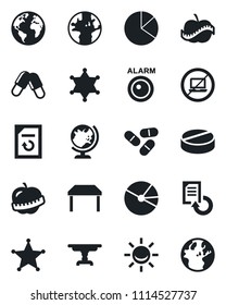 Set of vector isolated black icon - no laptop vector, globe, document reload, pills, diet, earth, pie graph, table, police, alarm led