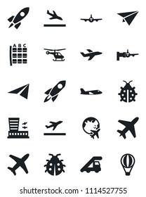 Set of vector isolated black icon - plane vector, departure, arrival, ladder car, boarding, helicopter, seat map, globe, airport building, lady bug, rocket, paper, air balloon